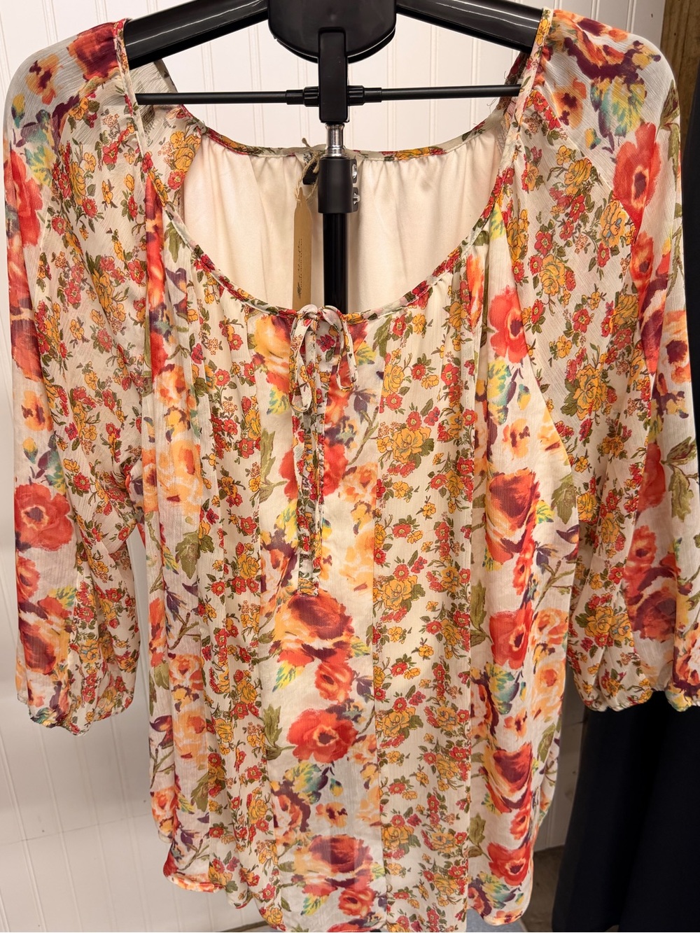 Boho Floral Peasant Tunic - Cream with Red & Orange Bloom
